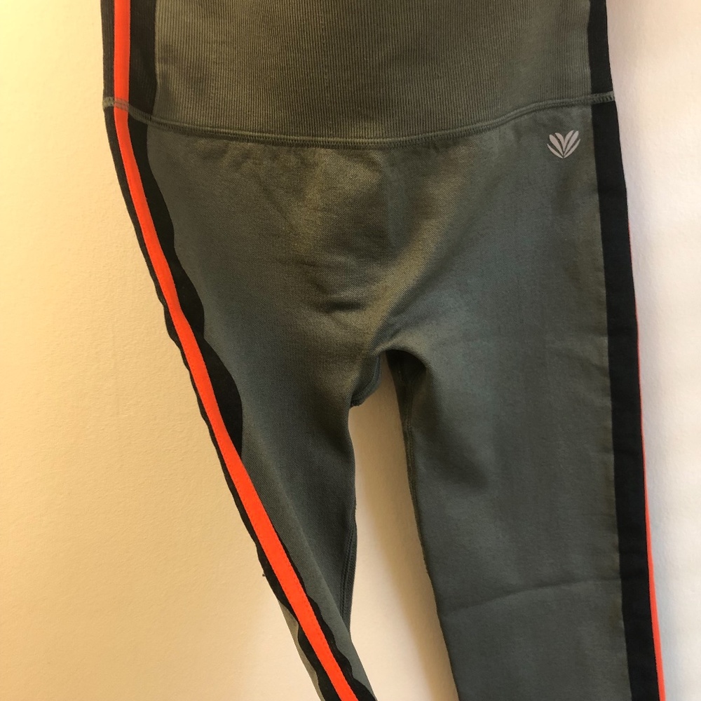 Athletic Wear Leggings With Green, Orange and Black Side Panel Stripes